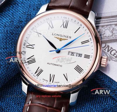 Best replica TW factory Longines Master rose gold case brown leather strap watch 